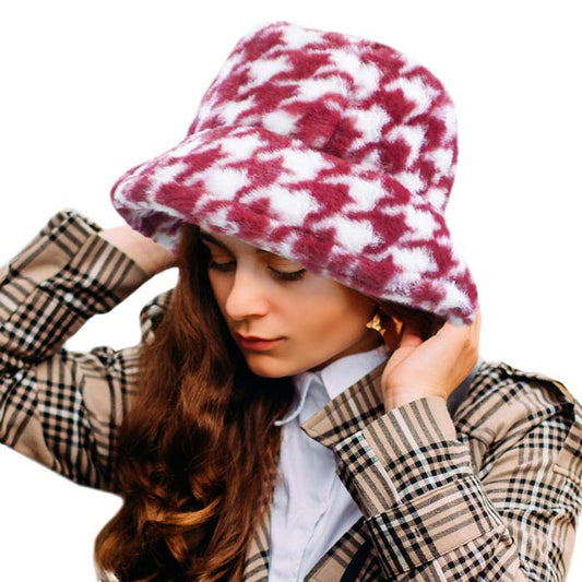 Red Houndstooth Patterned Faux Fur Bucket Hat, This Faux Fur bucket hat is nicely designed and a great addition to your attire. Have fun and look stylish anywhere outdoors. Great for covering up when you are having a bad hair day. Perfect for protecting you from the wind, snow, beach, pool, camping, or any outdoor activities in cold weather. This classic style is lightweight and practical, perfect for all occasions at lunches, picnics, evening dinner parties or barbeques.