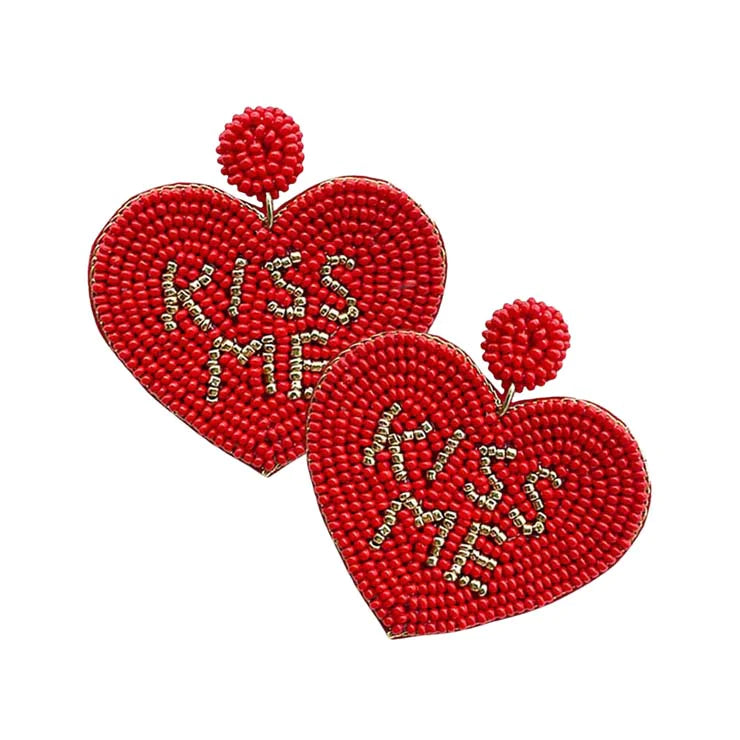 Red Kiss Me Message Felt Back Seed Beaded Heart Dangle Earrings, Take your love for accessorizing to a new level of affection with these seed-beaded heart dangle earrings. Wear these lovely earrings to make you stand out from the crowd & show your trendy choice this valentine. The fashion jewelry offers a classy look for a romantic day & night out on the town & makes a thoughtful gift for Valentine's Day.