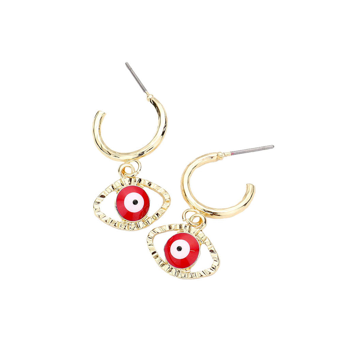 Red Metal Half Hoop Evil Eye Dangle Earrings. Beautifully crafted design adds a gorgeous glow to any outfit. Jewelry that fits your lifestyle! Perfect Birthday Gift, Anniversary Gift, Mother's Day Gift, Anniversary Gift, Graduation Gift, Prom Jewelry, Just Because Gift, Thank you Gift.