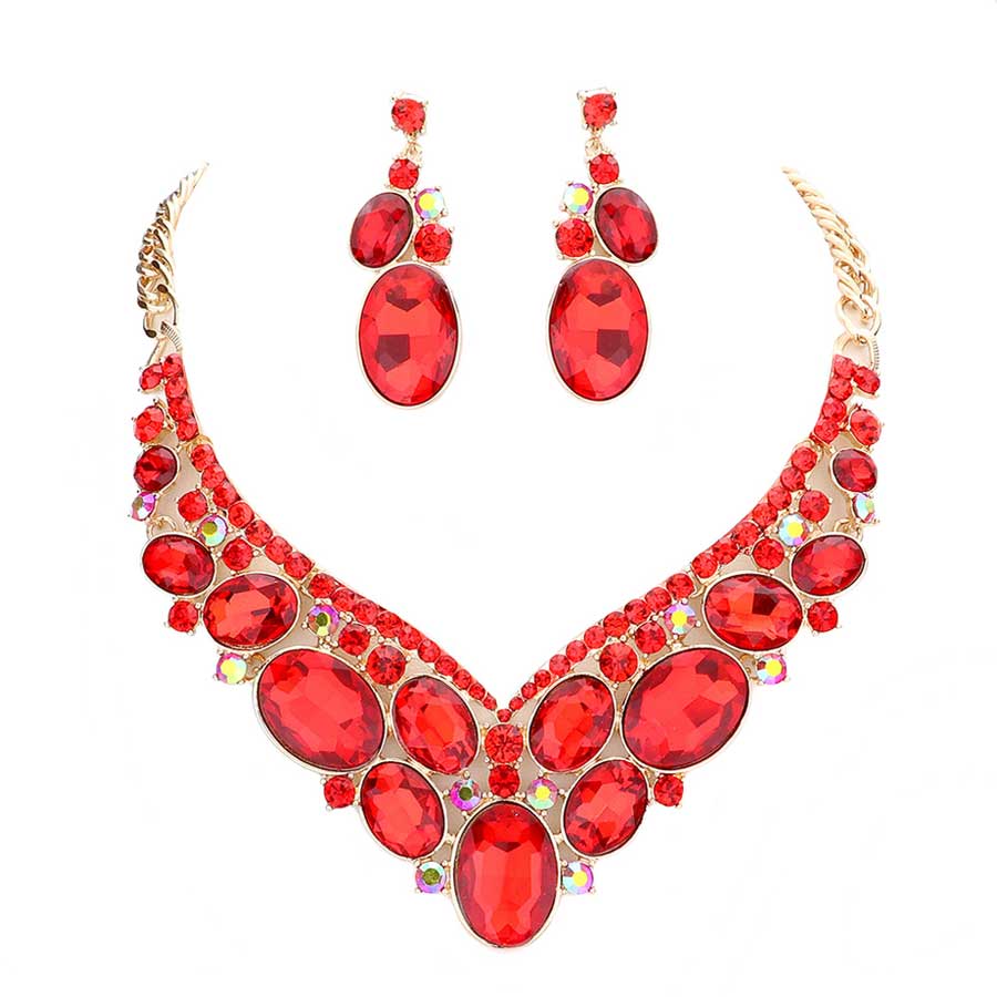 Red Oval Glass Crystal Evening Necklace, Glass Statement Crystal stunning jewelry set will sparkle all night long making you shine out like a diamond. make a stylish addition to your fashion necklace and jewelry collection. put on a pop of color to complete your ensemble. perfect for a night out on the town or a black tie party, Perfect Gift, Birthday, Anniversary, Prom, Mother's Day Gift, Wedding, Bridesmaid etc.