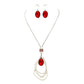 Red Oval Glass Crystal Triple Abstract Hoop Necklace with earrings set; exquisite beautifully crafted charms add a gorgeous glow to any outfit. Perfect Birthday Gift, Anniversary Gift, Mother's Day Gift, Anniversary Gift, Graduation Gift, Prom Jewelry, Just Because Gift, Thank you Gift, Keepsake Gift, Mom Gift