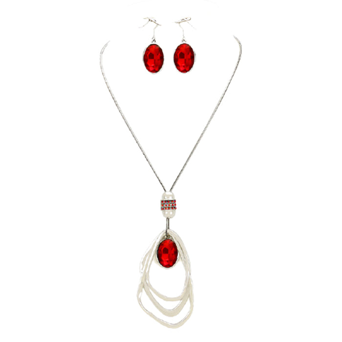 Red Oval Glass Crystal Triple Abstract Hoop Necklace with earrings set; exquisite beautifully crafted charms add a gorgeous glow to any outfit. Perfect Birthday Gift, Anniversary Gift, Mother's Day Gift, Anniversary Gift, Graduation Gift, Prom Jewelry, Just Because Gift, Thank you Gift, Keepsake Gift, Mom Gift