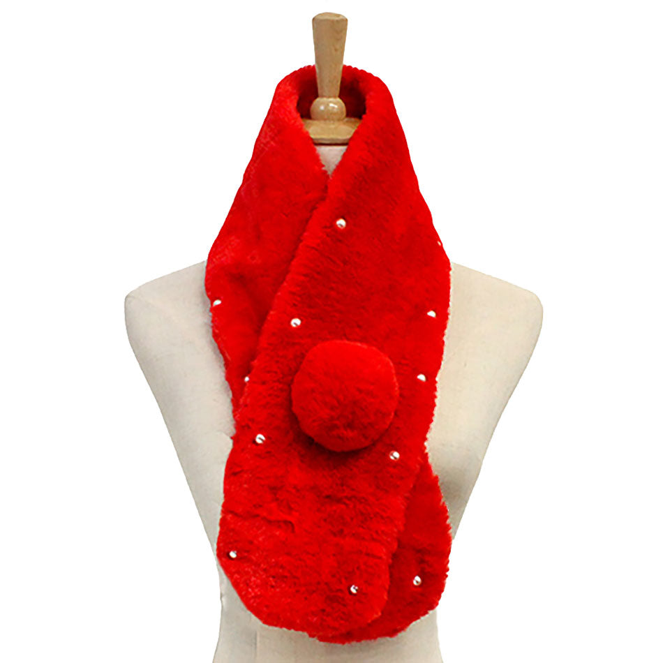 Red Pearl Embellished Faux Fur Pom Pom Pull Through Scarf, accent your look with this soft, highly versatile plaid scarf. A rugged staple brings a classic look, adds a pop of color & completes your outfit, keeping you cozy & toasty. Perfect Gift Birthday, Holiday, Christmas, Anniversary, Valentine's Day