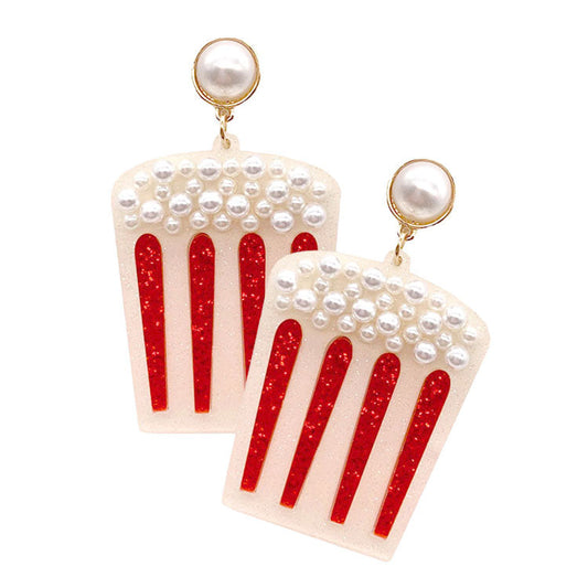Red Pearl Embellished Glittered Resin Popcorn Dangle Earrings. This Dangle earring is simple and cute, easy to match any hairstyles and clothes. Great choice to treat yourself and This food themed earrings is perfect for Holiday gift, Anniversary gift, Birthday gift, Valentine's Day gift for a woman or girl of any age.