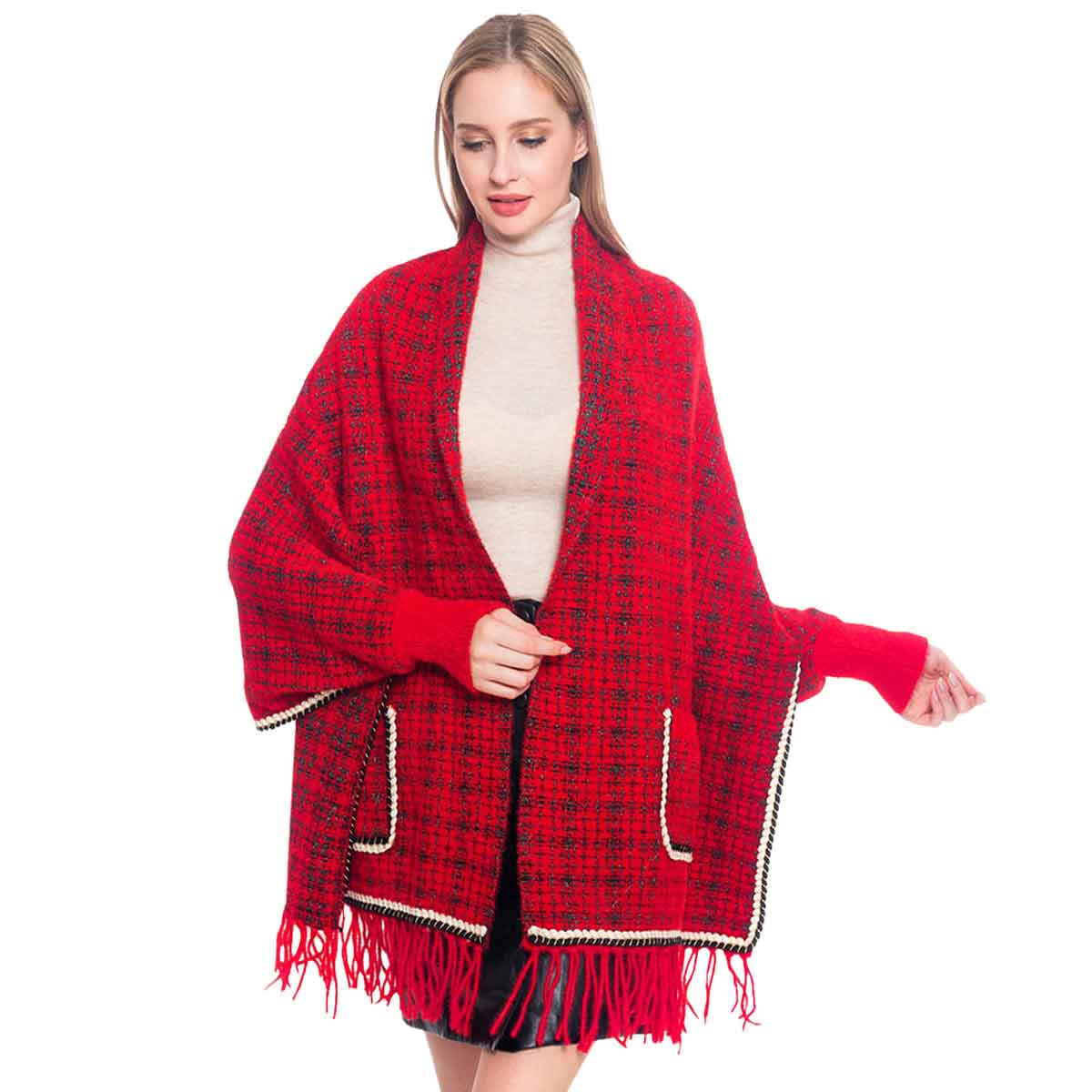 Red Plaid Check Patterned Poncho, is the perfect representation of beauty and comfortability for this winter. It will surely make you stand out with its beautiful color variation. It goes with every winter outfit and gives you a unique yet beautiful outlook everywhere. You can throw it on over so many pieces elevating any casual outfit! Perfect Gift for Wife, Mom, Birthday, Holiday, Christmas, Anniversary, Fun Night Out. Stay warm and toasty!