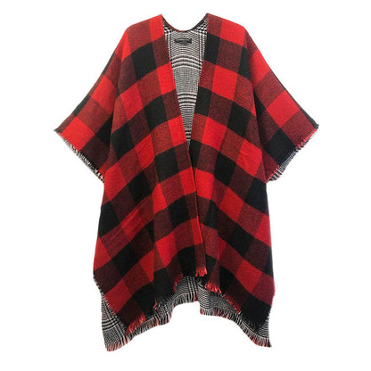Red Reversible Plaid Check Outwear Cover Up Cape Poncho. The perfect accessory, luxurious, trendy, super soft chic capelet, keeps you warm and toasty. You can throw it on over so many pieces elevating any casual outfit! Perfect Gift for Wife, Mom, Birthday, Holiday, Christmas, Anniversary, Fun Night Out.