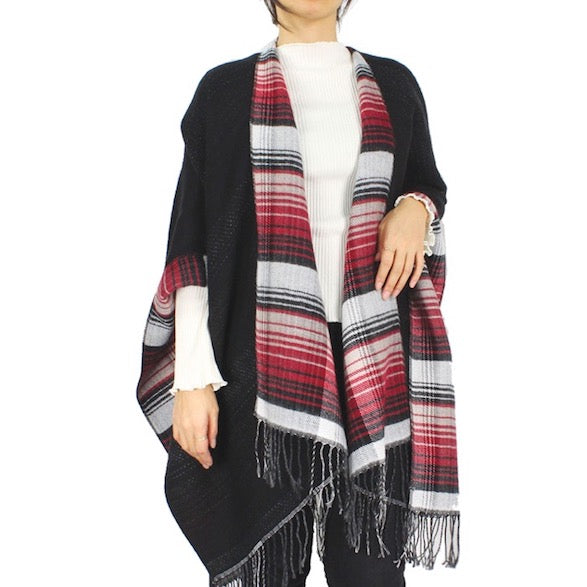 Red Reversible Plaid Check Patterned Tassel Cape Poncho, with the latest trend in ladies' outfit cover-up! the high-quality knit poncho is soft, comfortable, and warm but lightweight. It's perfect for your daily, casual, evening, vacation, and other special events outfits. A fantastic gift for your friends or family.