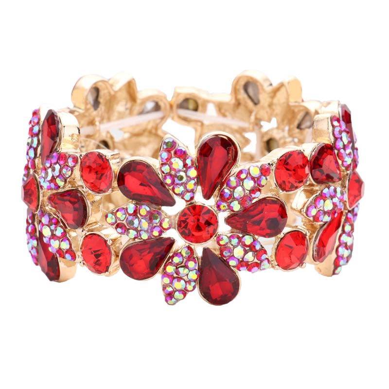 Red Teardrop Stone Accented Flower Stretch Evening Bracelet, is the perfect reflection of absolute royalty and perfect class that will amp up your look and drags everyone's attention on special occasions. Show your confidence and trendy choice with this beauty and complete your ensemble with a luxurious look. Perfect for adding just the right amount of shimmer & shine and a touch of class to special events.