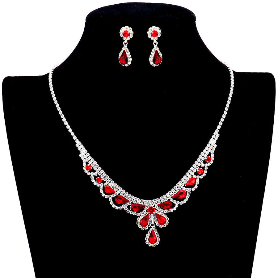 Red Teardrop Stone Accented Rhinestone Necklace, stunning jewelry set will sparkle all night long making you shine out like a diamond. simple sophistication makes a standout addition to your collection, designed to accent the neckline adds a gorgeous stylish glow to any outfit style, jewelry that fits your lifestyle! Perfect Birthday Gift, Valentine's Day Gift, Anniversary Gift, Mother's Day Gift, Just Because Gift.