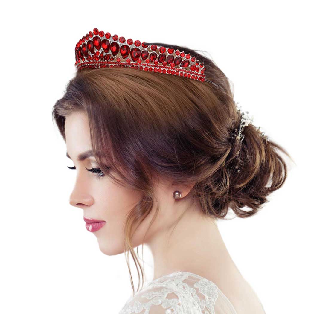 Red Teardrop Stone Cluster Princess Tiara. Perfect for adding just the right amount of shimmer & shine, will add a touch of class, beauty and style to your special events, embellished glass Stone to keep your hair sparkling all day & all night long. Perfect Gift for every women.