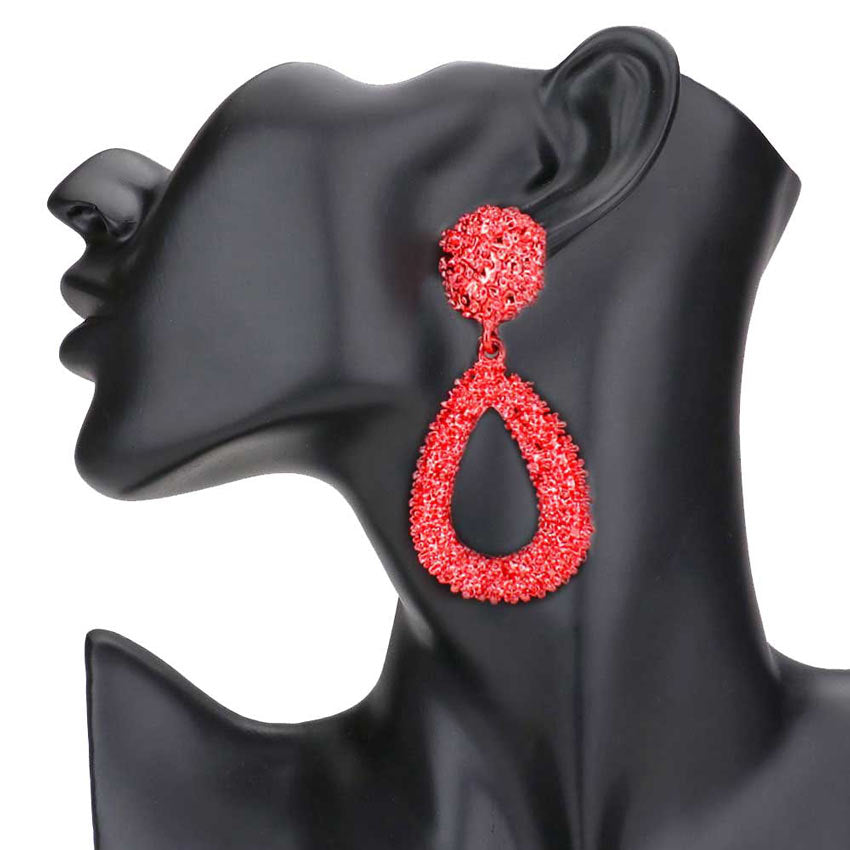 Red Textured Open Metal Teardrop Dangle Earrings, This earrings are classy and elegant, you will look stunning with this design. Look like the ultimate fashionista with these Earrings! Add something special to your outfit! It will be your new favorite accessory. Perfect Birthday Gift, Anniversary Gift, Mother's Day Gift, Graduation Gift, Prom Jewelry, Just Because Gift, Thank you Gift.