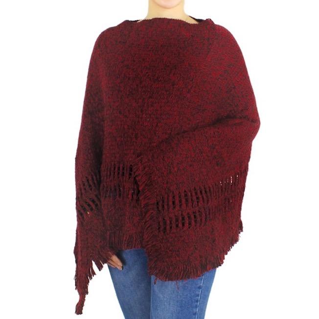 Red Two Tone Detailed Knit Pattern Accented Poncho Outwear Ruana Cover Up, the perfect accessory, luxurious, trendy, super soft chic warm cover, keeps you warm & toasty. You can throw it on over so many pieces elevating any casual outfit! Perfect Gift Birthday, Holiday, Christmas, Anniversary, Wife, Mom, Special Occasion