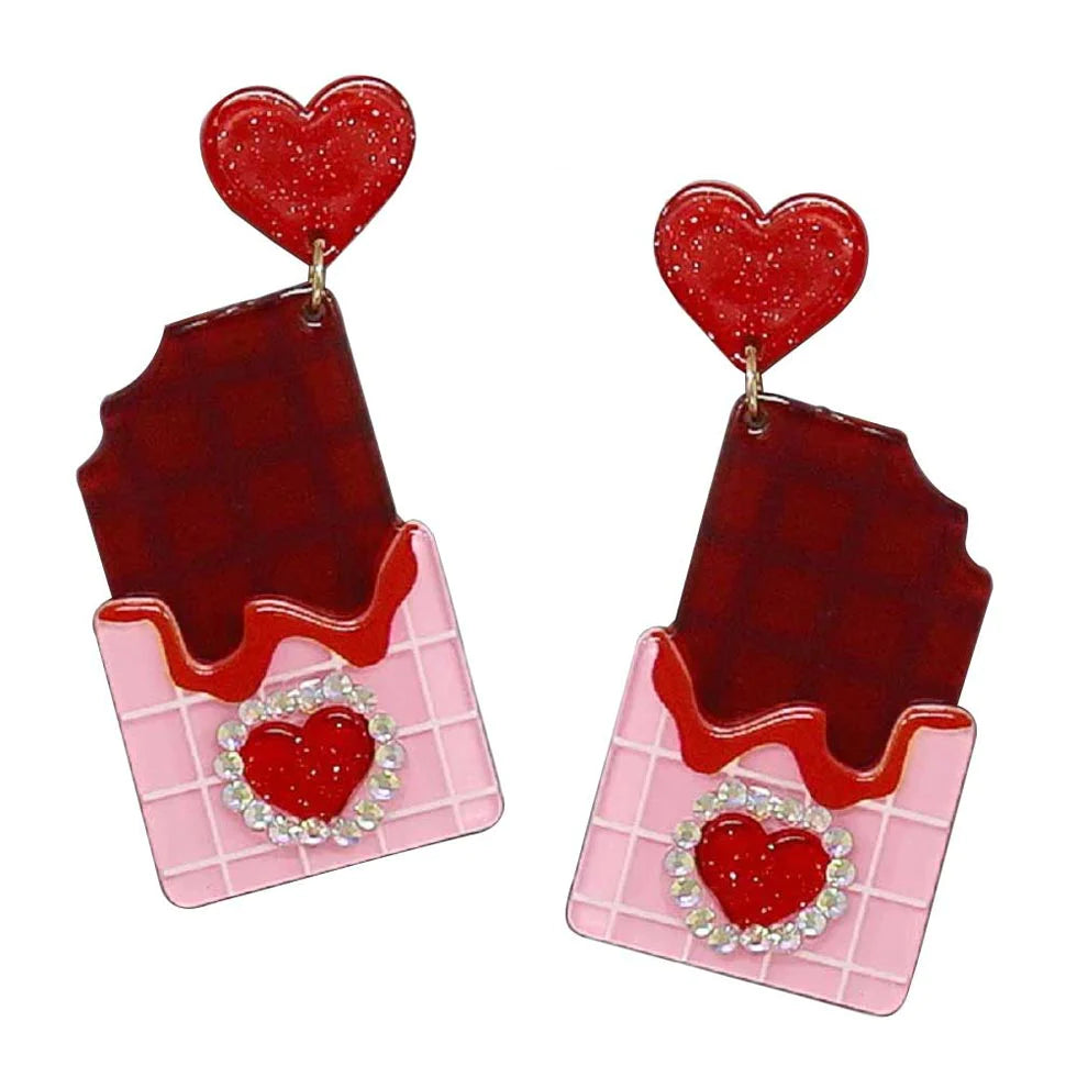 Red Valentine's Heart Chocolate Bar Acetate Earrings, are nicely designed to show your unique & beautiful outlook on these Valentine's-themed chocolate bar earrings. Wear these beautiful Valentine's heart chocolate bar earrings to get immediate compliments. Enhance your attire with these beautiful Valentine's-themed chocolate bar earrings to show off your fun trendsetting style.