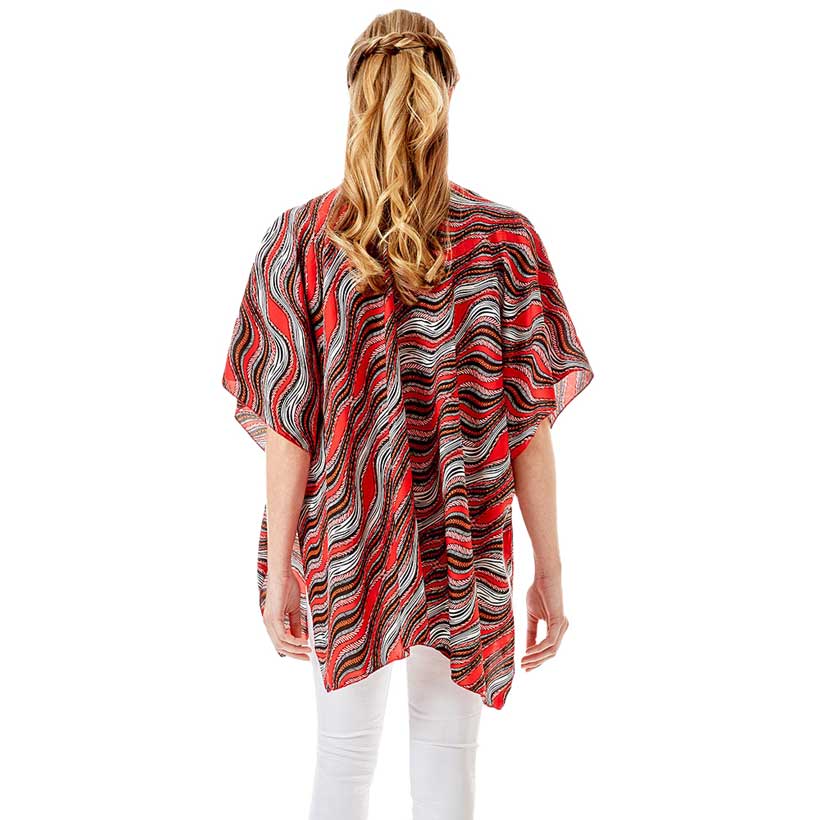 Red Wavy Printed Lurex Cover Up Poncho Kimono Poncho. Lightweight and soft brushed fabric exterior fabric that make you feel more warm and comfortable. Cute and trendy Cardigan for women. Great for dating, hanging out, daily wear, vacation, travel, shopping, holiday attire, office, work, outwear, fall, spring or early winter. Perfect Gift for Wife, Mom, Birthday, Holiday, Anniversary, Fun Night Out.