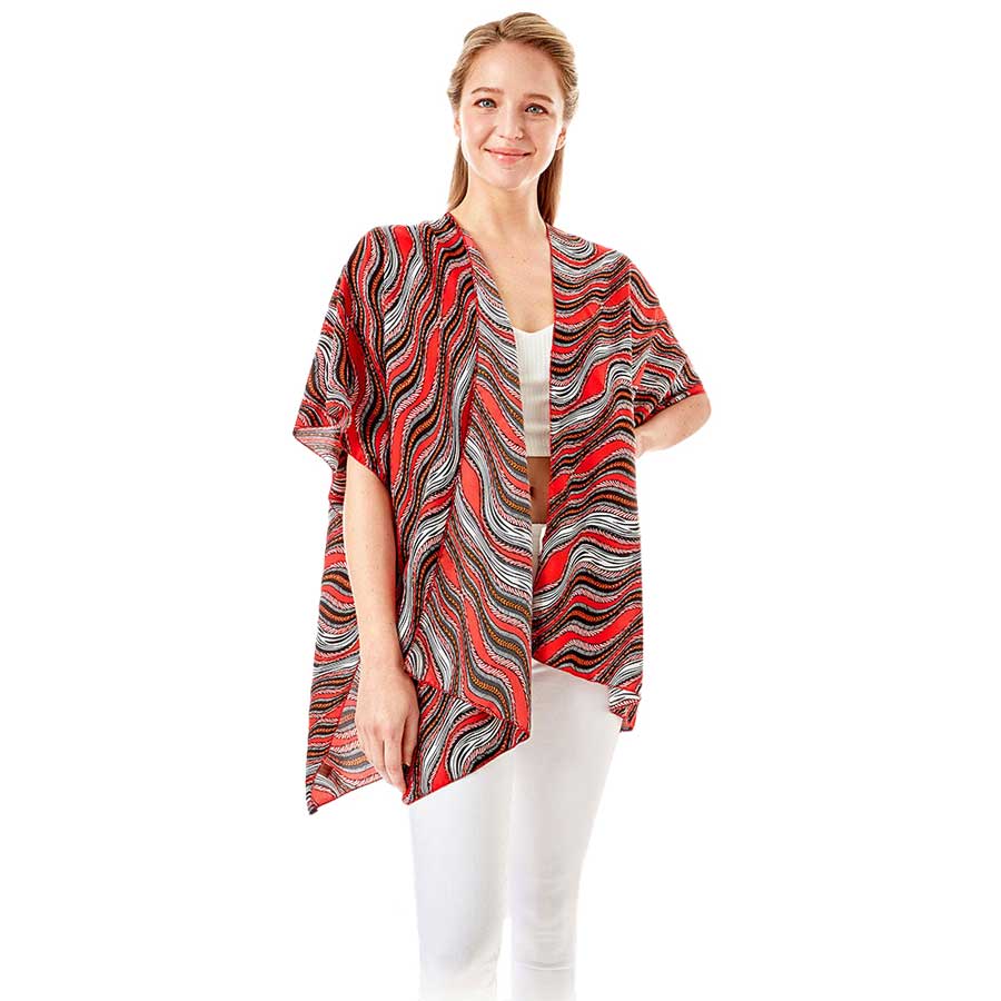 Red Wavy Printed Lurex Cover Up Poncho Kimono Poncho. Lightweight and soft brushed fabric exterior fabric that make you feel more warm and comfortable. Cute and trendy Cardigan for women. Great for dating, hanging out, daily wear, vacation, travel, shopping, holiday attire, office, work, outwear, fall, spring or early winter. Perfect Gift for Wife, Mom, Birthday, Holiday, Anniversary, Fun Night Out.