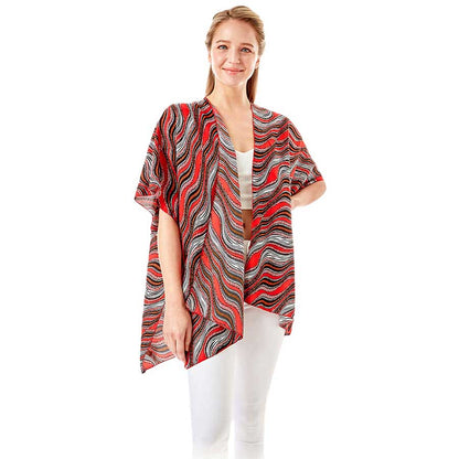 Red Wavy Printed Lurex Cover Up Poncho Kimono Poncho. Lightweight and soft brushed fabric exterior fabric that make you feel more warm and comfortable. Cute and trendy Cardigan for women. Great for dating, hanging out, daily wear, vacation, travel, shopping, holiday attire, office, work, outwear, fall, spring or early winter. Perfect Gift for Wife, Mom, Birthday, Holiday, Anniversary, Fun Night Out.