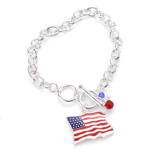 Red White Blue American Flag Bracelet USA Flag Charm Bracelet Patriotic Flag Toggle Bracelet