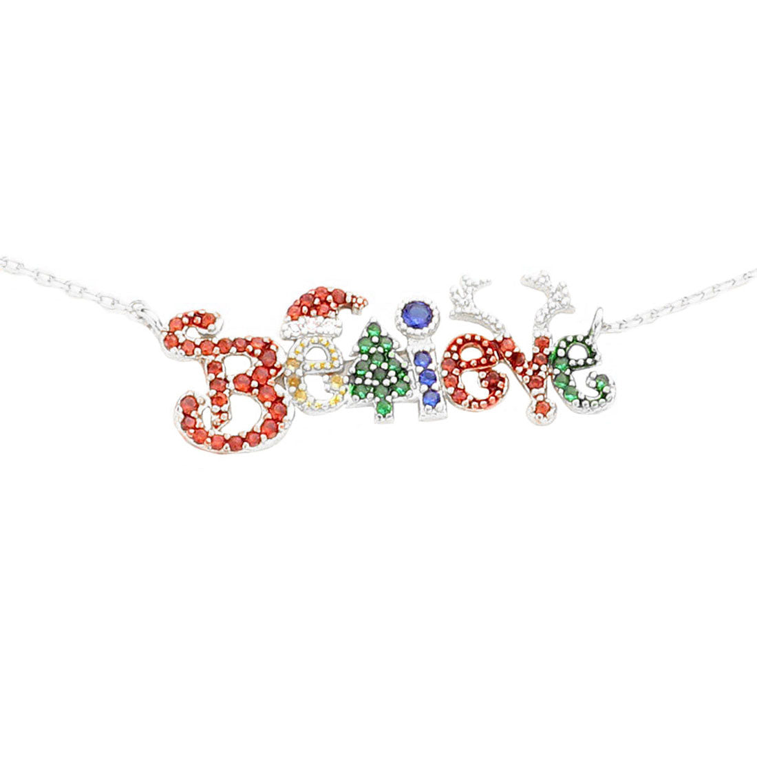Rhodium  Believe Gold Dipped CZ Santa Hat Reindeer Message Pendant Necklace