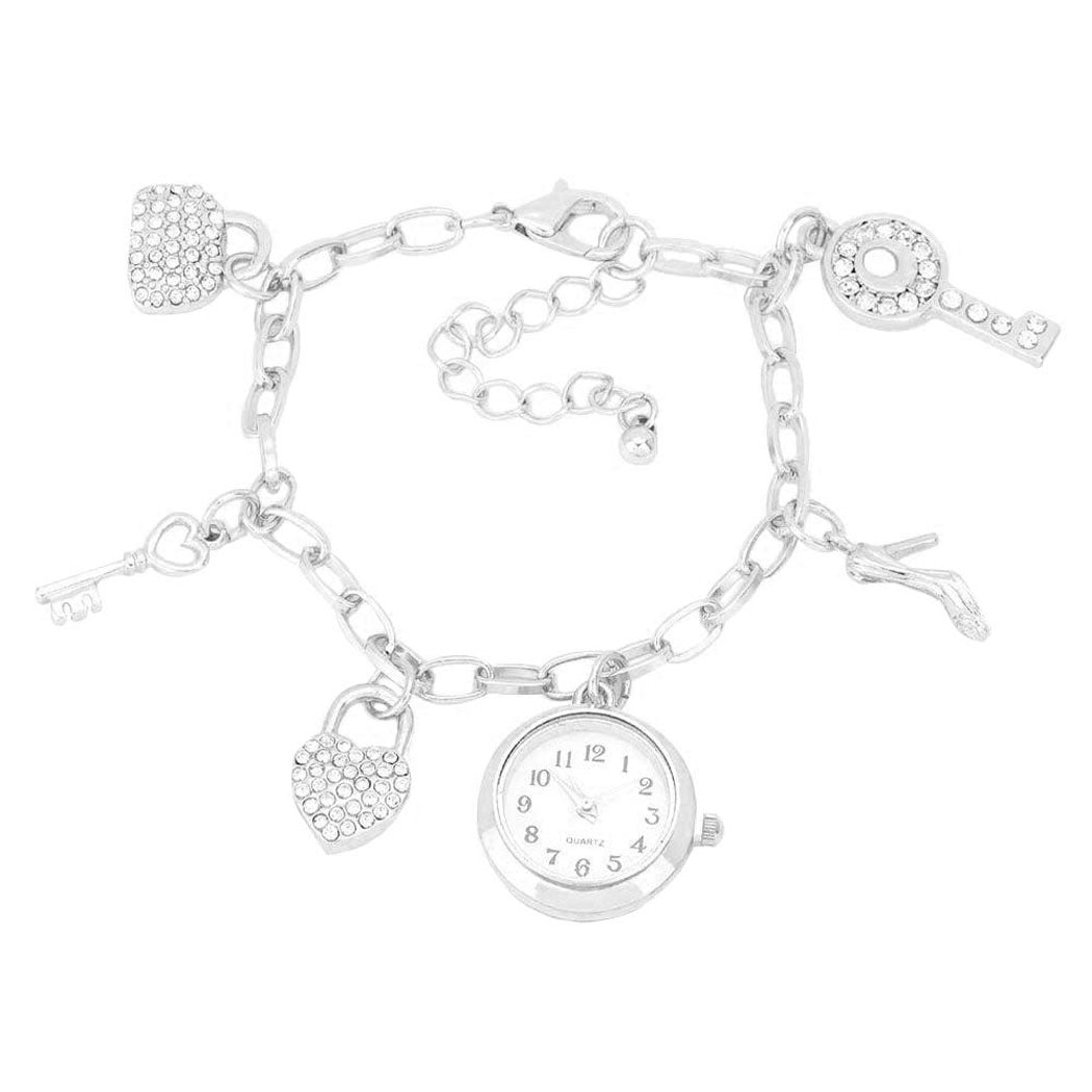 Rhodium Bag Key Heart Lock Watch Stiletto Charm Station Bracelet Watch,add something special to your outfit! put on a pop of color to complete your ensemble. Perfect for adding just the right amount of shimmer & shine and a touch of class to special events. Perfect Birthday Gift, Anniversary Gift, Mother's Day Gift, Graduation Gift.
