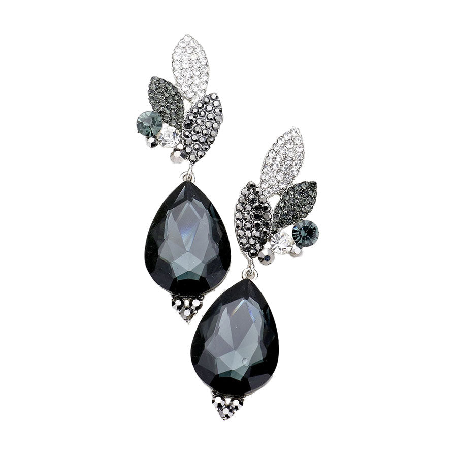 Rhodium Black Crystal Rhinestone Pave Leaf Teardrop Evening Earrings. Add a pop of color to your ensemble, just the right amount of shimmer & shine, touch of class, beauty and style to any special events. Perfect Birthday Gift, Anniversary Gift, Mother's Day Gift, Graduation Gift.