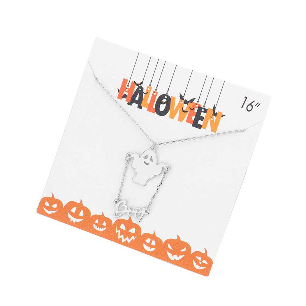 Silver Boo Metal Message Halloween Ghost Pendant Necklace is the spooky way to show your Halloween spirit! Perfect for the Halloween haunted house fan, this necklace will be sure to delight anyone who loves to show off their holiday spirit! Frightful fun for all!