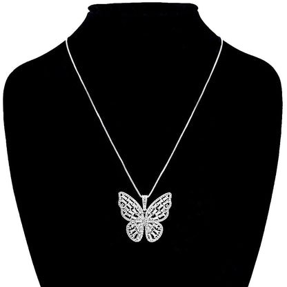 Rhodium CZ Butterfly Pendant Necklace, butterflies bring a message of positivity and hope, transformation & new beginnings, versatile enough for wearing straight through the week, delicate for all-day wear, coordinate with any ensemble from business casual to everyday wear, Get ready with these Pendant Necklace, put on a pop of color to complete your ensemble. Perfect for adding just the right amount of shimmer & shine and a touch of class to special events.