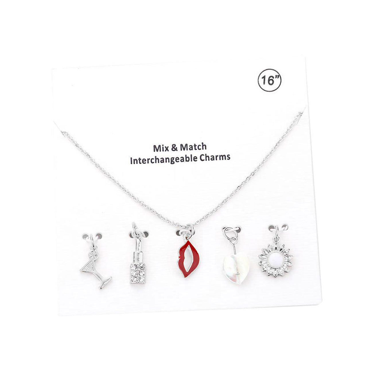 Rhodium Cocktail Rhinestone Embellished Lipstick Lips Heart Pearl Sunflower Interchangeable Pendant Necklace, Get ready with these Rhinestone Embellished Lipstick Lips Heart Pearl Sunflower Interchangeable Pendant Necklace, put on a pop of color to complete your ensemble. Perfect for adding just the right amount of shimmer & shine and a touch of class to special events. Perfect Birthday Gift, Anniversary Gift, Mother's Day Gift, Graduation Gift.