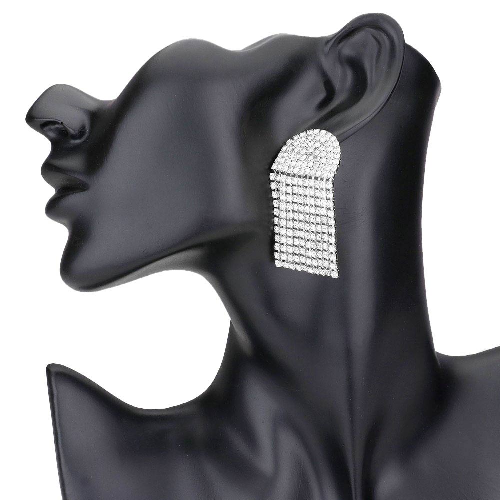 Rhodium Crystal Rhinestone Pave Fringe Evening Earrings, are beautifully decorated to dangle on your earlobes on special occasions for making you stand out from the crowd. Wear these evening earrings to show your unique yet attractive & beautiful choice. Coordinate these evening earrings with any special outfit to draw everyone's attention. An awesome choice for wearing at parties, events, weddings, wedding showers, receptions, prom, etc. 