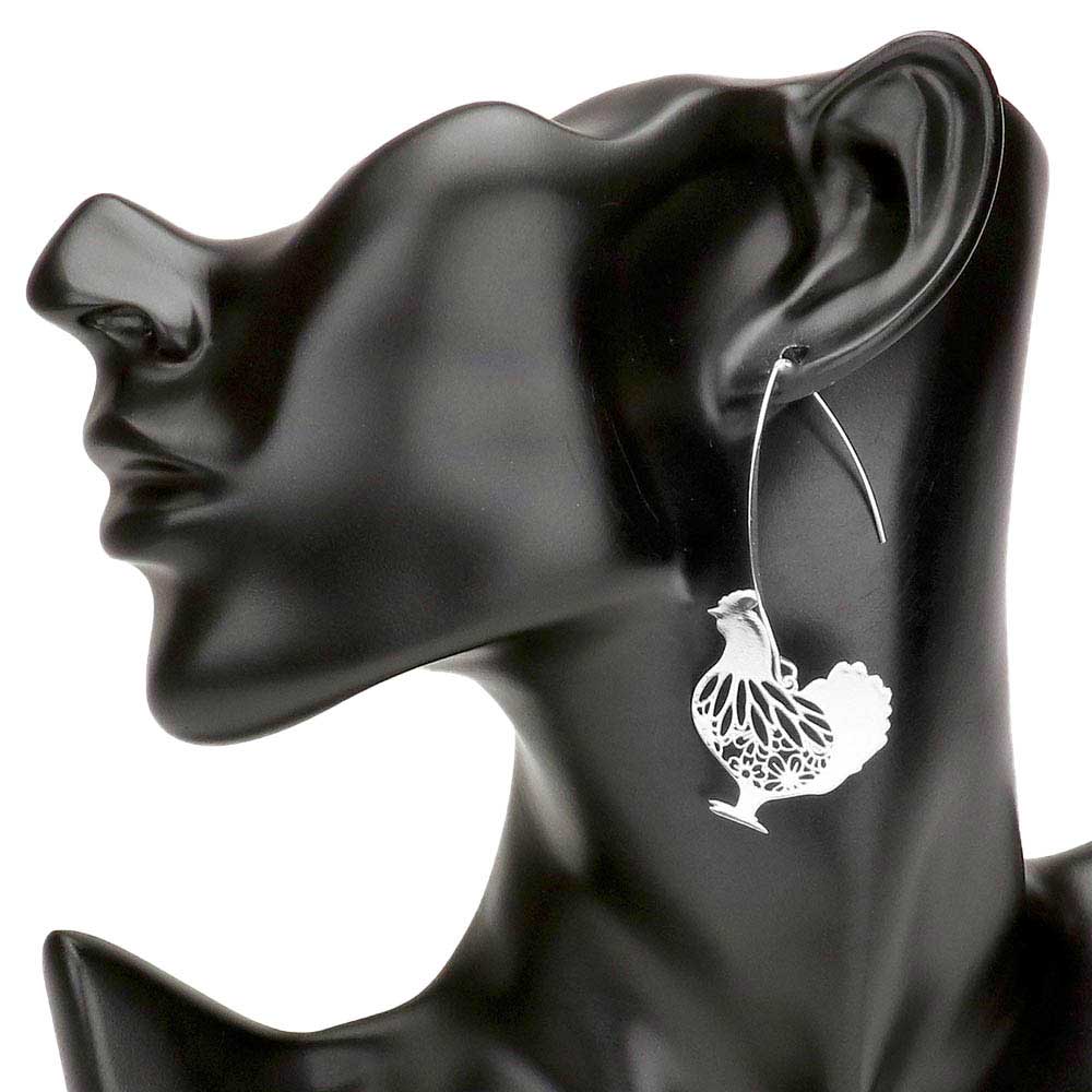 Rhodium Cut Out Metal Rooster Dangle Long Fish Hook Earrings, This rooster Dangle earring is simple and cute, easy to match any hairstyles and clothes. With a polished finish and lifelike details. our finely crafted jewelry is an unforgettable, unique gift for women. This animal themed earrings is perfect for Holiday gift, Anniversary gift,  Birthday gift, Valentine's Day gift for a woman or girl of any age.