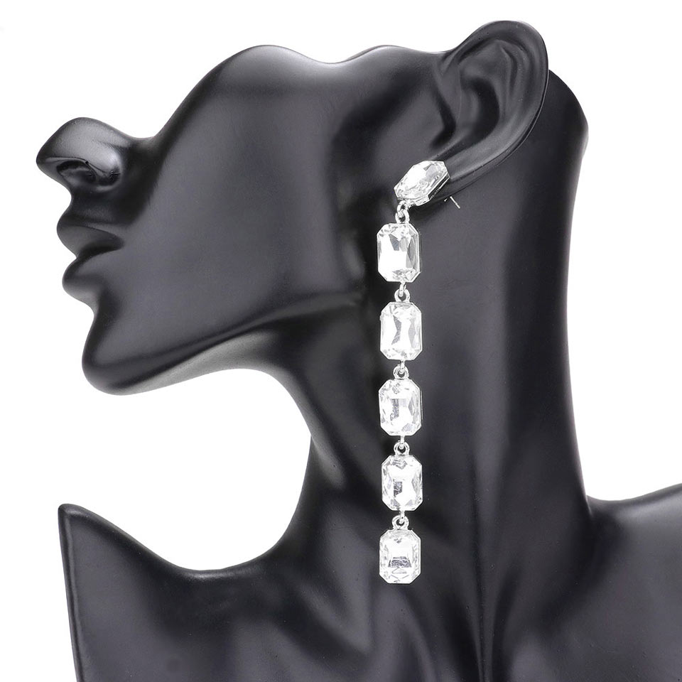 Rhodium Emerald Cut Stone Link Dangle Evening Earrings, the beautifully crafted design adds a glow to any outfit, making your events more enjoyable. These evening dangle earrings make you extra special on occasion. These emerald-cut stone dangle earrings enhance your beauty and make you more attractive. 
