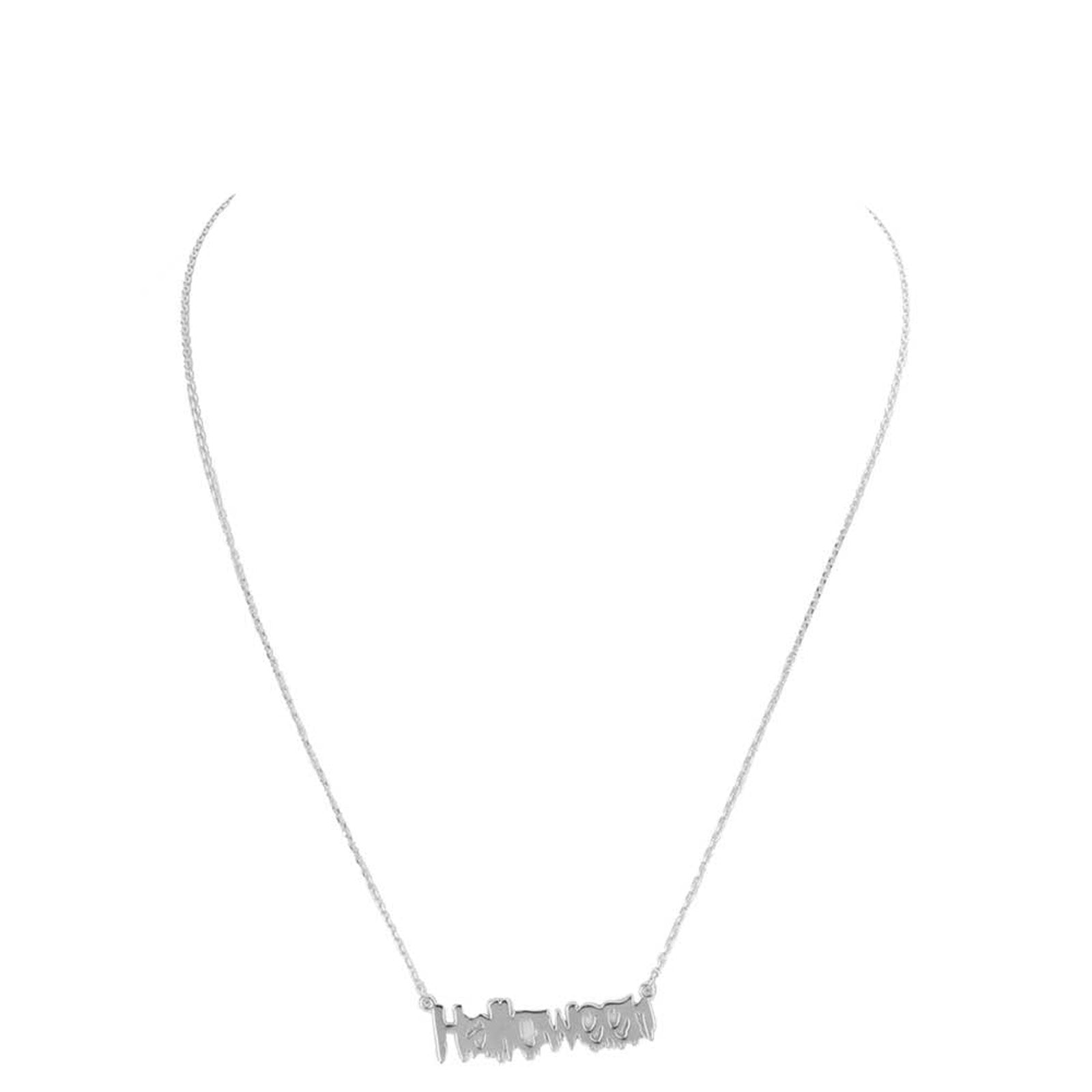 Rhodium Fashionable Halloween Metal Message Pendant Necklace. Share the spirit of Halloween with our metal message pendant necklace. This pendant is just the thing you need to make your costume a bit more magical!  is a bold, eye-catching designed beautiful accessory for this Halloween. These modern & cool-designed necklace feature everything from casual to sophisticated looks. Perfect gift for anyone in Halloween. Let the spooky season begin!