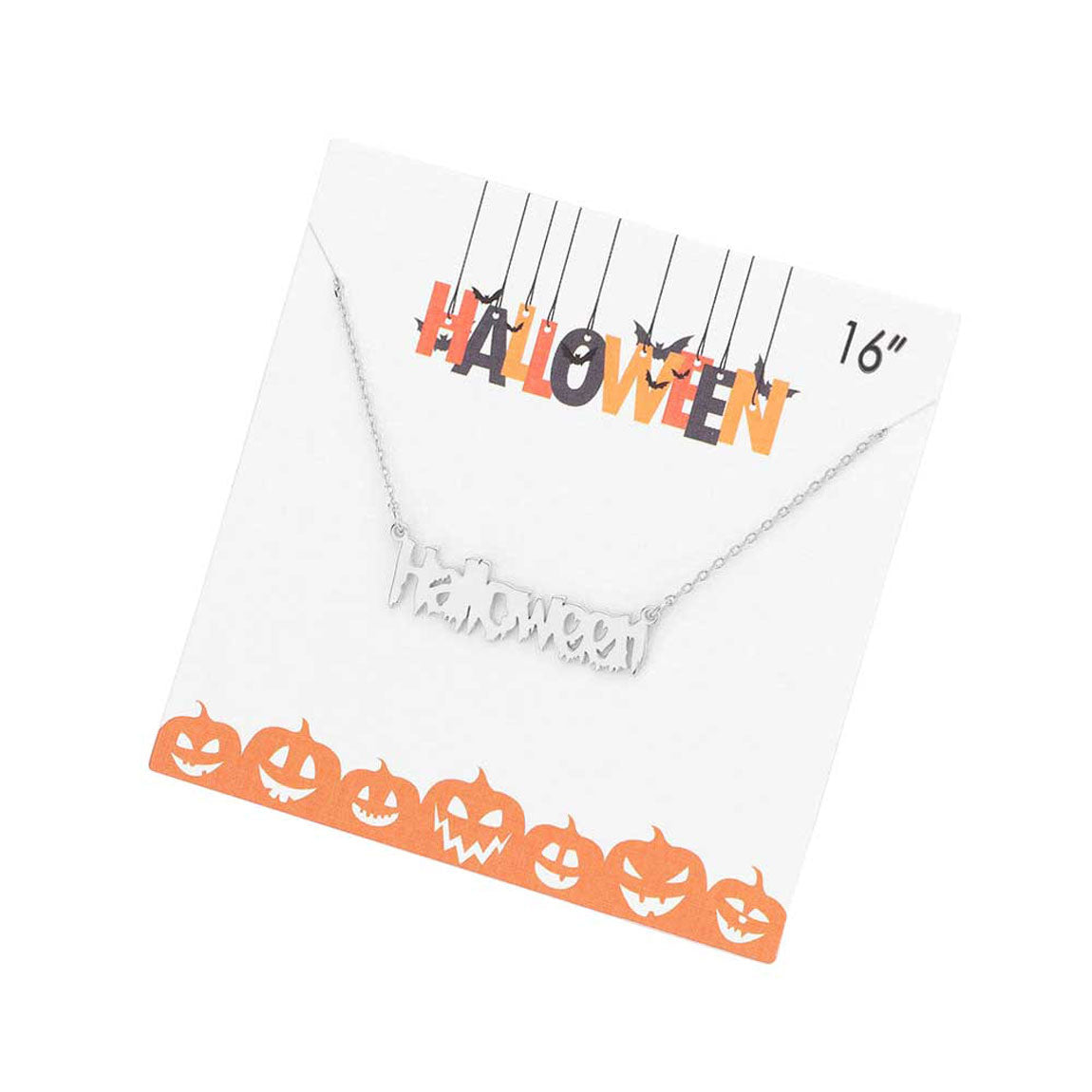 Rhodium Fashionable Halloween Metal Message Pendant Necklace. Share the spirit of Halloween with our metal message pendant necklace. This pendant is just the thing you need to make your costume a bit more magical!  is a bold, eye-catching designed beautiful accessory for this Halloween. These modern & cool-designed necklace feature everything from casual to sophisticated looks. Perfect gift for anyone in Halloween. Let the spooky season begin!