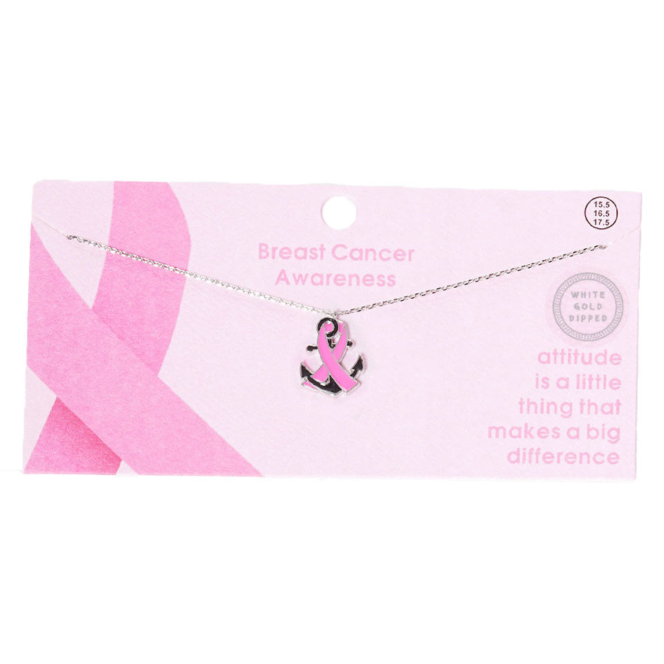 Rhodium Gold Dipped Enamel Anchor Pink Ribbon Pendant Necklace. Beautifully crafted design adds a gorgeous glow to any outfit. Jewelry that fits your lifestyle! Perfect Birthday Gift, Anniversary Gift, Mother's Day Gift, Anniversary Gift, Graduation Gift, Prom Jewelry, Just Because Gift, Thank you Gift.