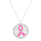 Rhodium Gold Dipped Enamel Pink Ribbon Accented Metal Disc Pendant Necklace. Beautifully crafted design adds a gorgeous glow to any outfit. Jewelry that fits your lifestyle! Perfect Birthday Gift, Anniversary Gift, Mother's Day Gift, Anniversary Gift, Graduation Gift, Prom Jewelry, Just Because Gift, Thank you Gift.