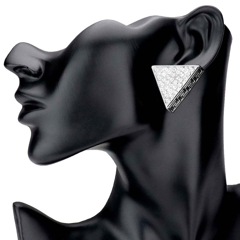 Rhodium Greek Pattern Detailed Rhinestone Embellished Triangle Earrings. Beautifully crafted Triangle design adds a gorgeous glow to any outfit. Jewelry that fits your lifestyle! This Triangle Earring for women are perfect for any occasion. Perfect Birthday Gift, Anniversary Gift, Mother's Day Gift, Anniversary Gift, Graduation Gift, Prom Jewelry, Just Because Gift, Thank you Gift.
