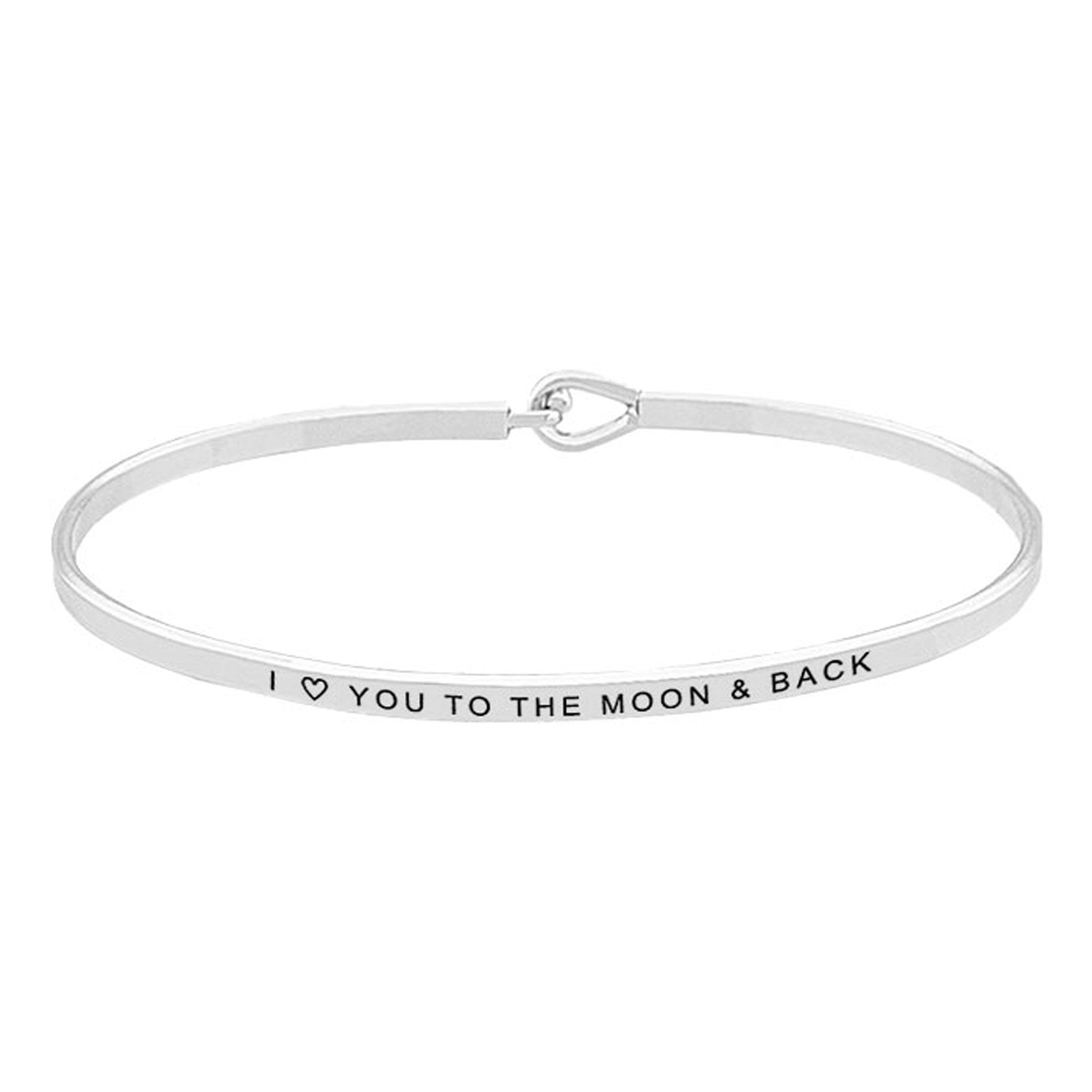 Rhodium I Love You to the Moon & Back Brass Thin Metal Hook Bracelet. Look like the ultimate fashionista with these Bracelet! Add something special to your outfit this Valentine! special It will be your new favorite accessory. Perfect Birthday Gift, Anniversary Gift, Mother's Day Gift, Graduation Gift, Valentine's Day Gift.