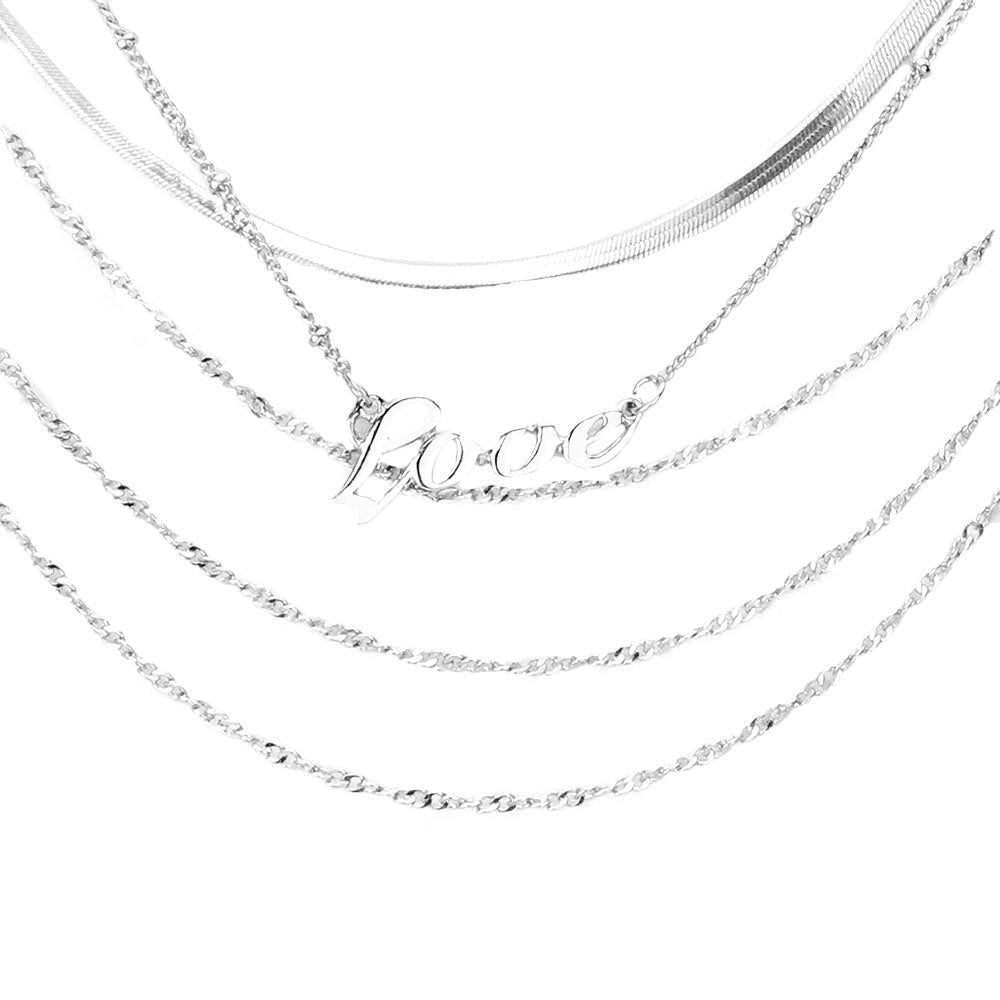 Rhodium Love Pendant Multi Layered Metal Chain Bib Message Necklace. Beautifully crafted design adds a gorgeous glow to any outfit. Jewelry that fits your lifestyle! Perfect Birthday Gift, Anniversary Gift, Mother's Day Gift, Graduation Gift, Prom Jewelry, Just Because Gift, Thank you Gift, Valentine's Day Gift.