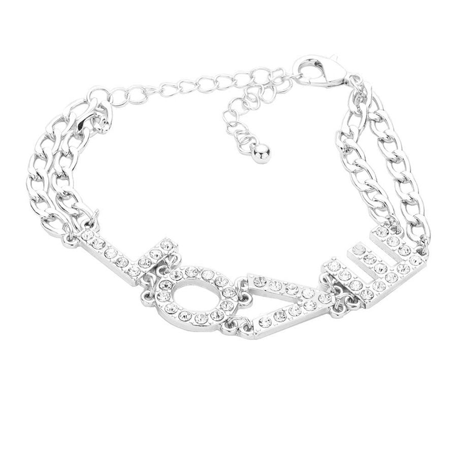 Rhodium Love Rhinestone Embellished Message Bracelet, Get ready with these Bracelet, put on a pop of color to complete your ensemble. Perfect for adding just the right amount of shimmer & shine and a touch of class to special events. Perfect Birthday Gift, Valentine's Gift, Anniversary Gift, Mother's Day Gift, Graduation Gift.