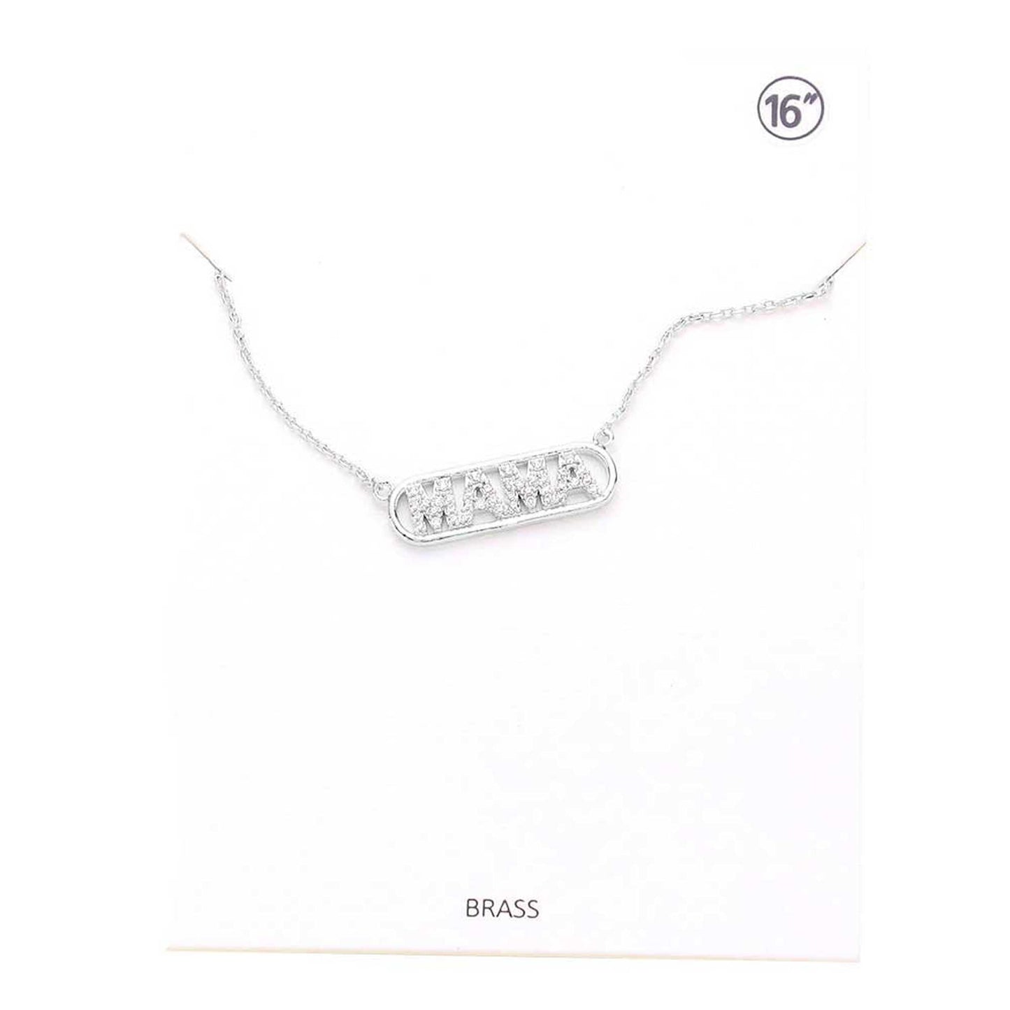 Rhodium MAMA Brass Metal Rhinestone Embellished Message Pendant Necklace. Make a statement with these message Necklace, very easy to put on, take off and so comfortable for daily wear. Pair these with tee and jeans and you are good to go. It will be your new favorite go-to accessory. Perfect Birthday gift, friendship day, Mother's Day, Graduation Gift.