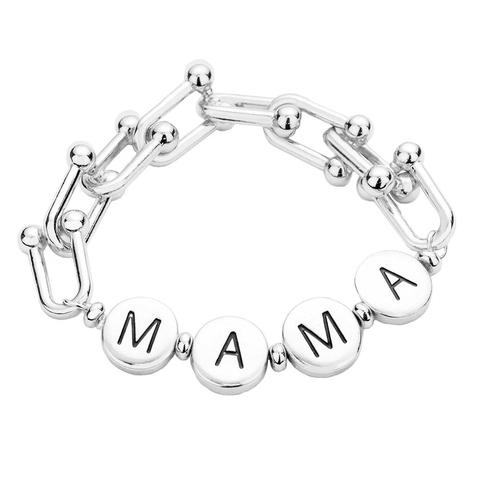 Rhodium MAMA Metal Round Message Link Stretch Bracelet. Simple sophistication gives a lovely fashionable glow to any outfit style to your mom. Make your mom feel special with this gorgeous Bracelet gift! Her heart will swell with joy!Designed to enhance the look and add a gorgeous attractive shine to any clothing style. Perfect Birthday Gift, Anniversary Gift, Mother's Day Gift, Just Because Gift or Any Other Events.