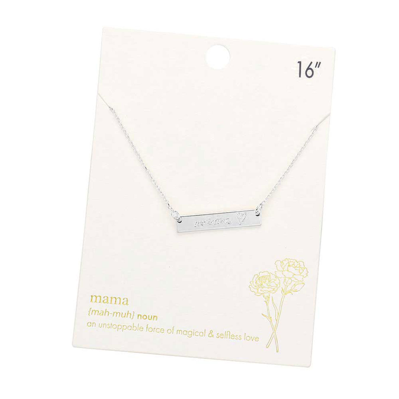 Rhodium Mama Message Metal Rectangle Pendant Necklace. These Metal Necklaces are easy to put on, take off and so comfortable for daily wear. Best loving gift to express your love to your mother on Mother's Day. Shows the love between mother and child is forever. This Mom Necklaces is the ideal Mother's Day present for all the unique ladies in your life, as well as those who have been inspired by sports moms.