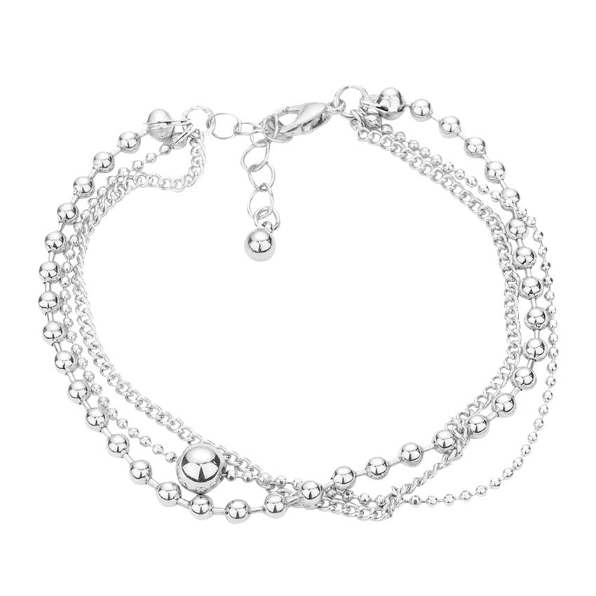 Rhodium Metal Ball Pointed Triple Layered Bracelet.  Glam up your look with this triple layered bracelet. Make your vibe extra sparkly with this eye-catching arm candy. The metal ball point keeps the bracelet secure on your wrist and makes it easy to wear and take off. This wide strap style bracelet works well as a statement jewelry piece. Awesome gift for birthday, Anniversary, Valentine’s Day or any special occasion.