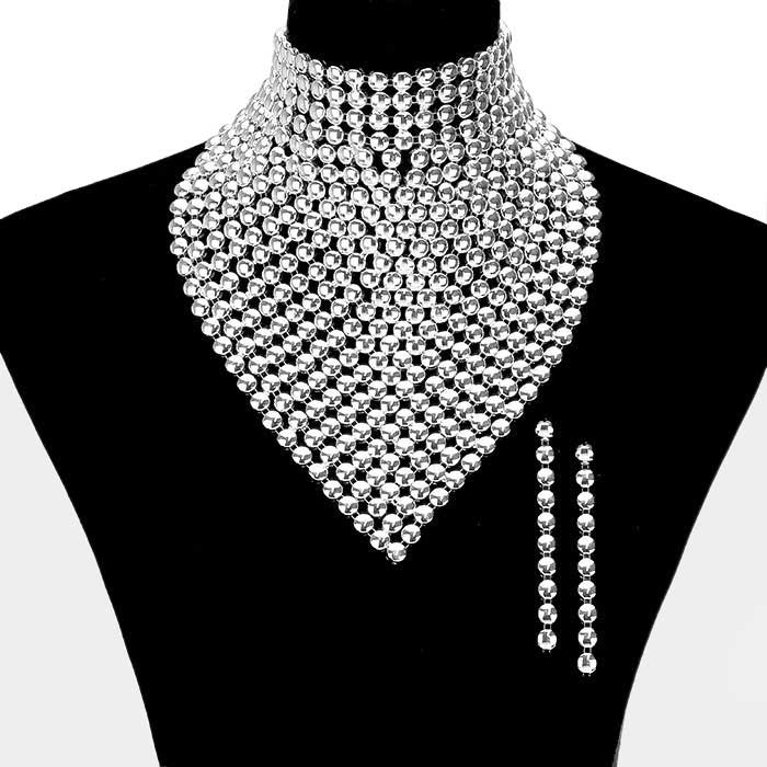 Rhodium Metal Studded Bib Necklace, dare to dazzle with this bejeweled necklace set, designed to accent the neckline, including dangle earrings, which are a perfect way to add sparkle to everything, showing off your elegance. Wear together or separate according to your event. Perfect Gift, Birthday, Anniversary, Prom, Mother's Day Gift, Sweet 16, Wedding, Quinceanera. 
