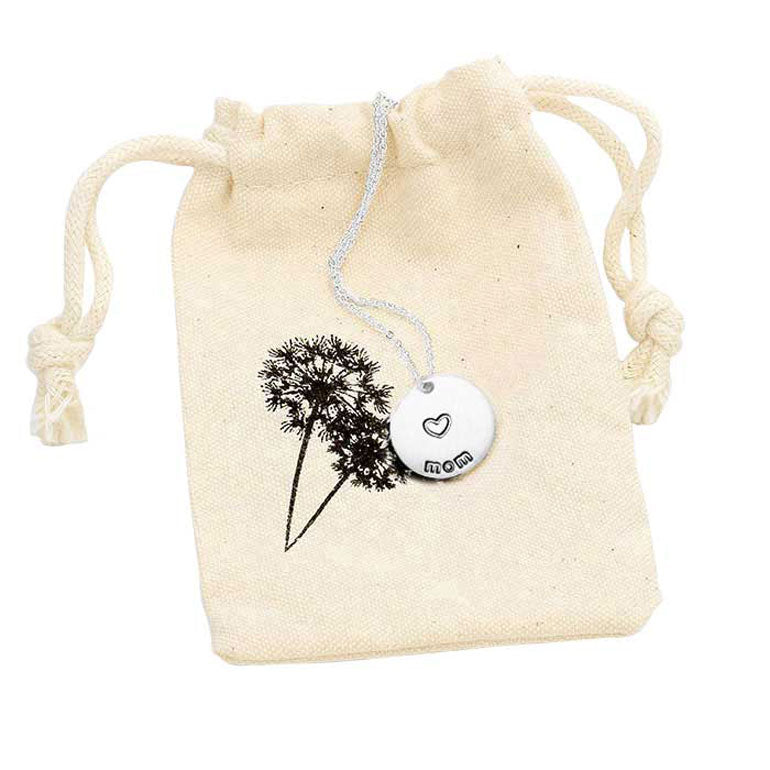 Rhodium Mom Metal Disc Pendant Necklace Gift Bag Set. Keep your jewelry organized and safe. It Provides perfect storage and great for travel or home use. These mother themed necklace gift bag set decorates your gifts, party favors nicely at festival events and celebration like Halloween, Christmas, Thanksgiving, Valentine's Day, anniversaries, wedding, bridal shower baby shower party, graduation.