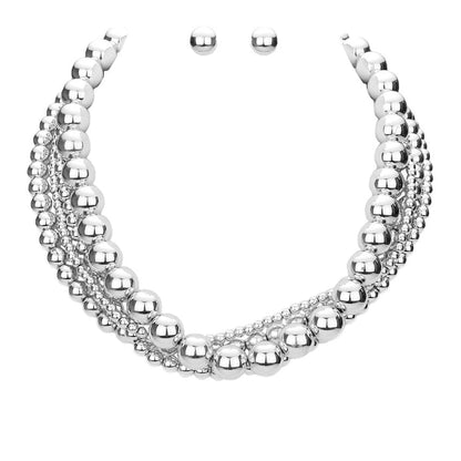 Rhodium Multi Layered Metal Ball Necklace. Stone Embellished Heart Metal Ball Pendant Station Necklace, Get ready with these Pendant Station Necklace, put on a pop of color to complete your ensemble. Perfect for adding just the right amount of shimmer & shine and a touch of class to special events. Perfect Birthday Gift, Anniversary Gift, Mother's Day Gift.