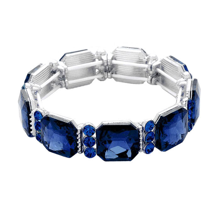 Rhodium Navy Sparkling Emerald Cut Glass Crystal Stretch Bracelet Crystal Bracelet , Glitzy glass crystals, stylish stretch bracelet that is easy to put on, take off and comfortable to wear. The perfect match for your LBD, multiple colors to match your wardrobe, Accent your work or casual attire with this  dazzling bracelet. 