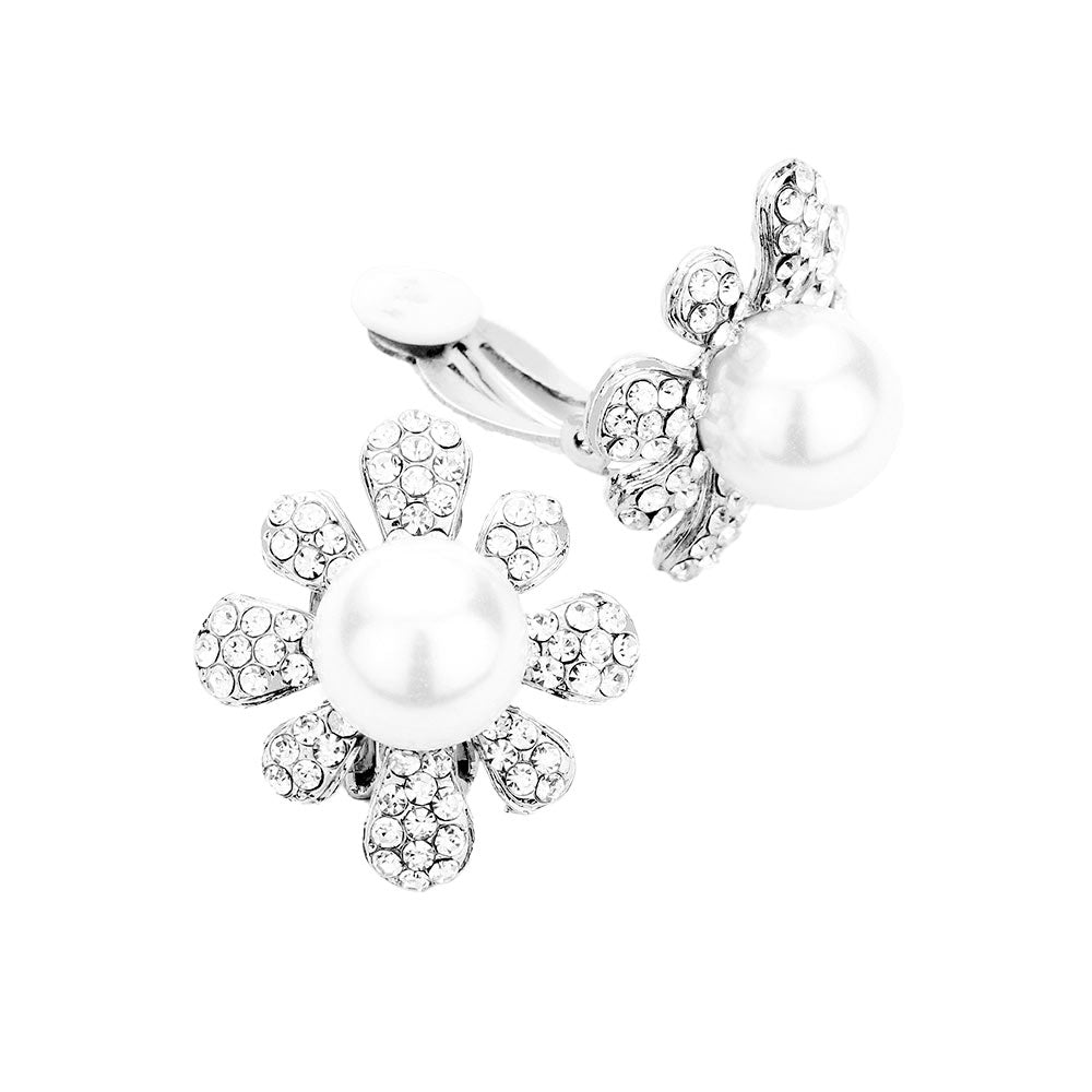 Rhodium Pearl Centered Crystal Floral Clip On Earrings, are the perfect beauty to coordinate with any special outfit for any special occasion. Adds luxe and gorgeousness to your ensemble to attract the crowd and make you stand out. You'll feel special and absolutely flawless wearing these Rhinestone earrings. It will bring smiles to others while glowing on your earlobes. Put on these beautiful earrings at weddings, wedding showers, receptions, anniversaries, etc.