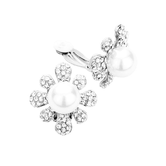 Rhodium Pearl Centered Crystal Floral Clip On Earrings, are the perfect beauty to coordinate with any special outfit for any special occasion. Adds luxe and gorgeousness to your ensemble to attract the crowd and make you stand out. You'll feel special and absolutely flawless wearing these Rhinestone earrings. It will bring smiles to others while glowing on your earlobes. Put on these beautiful earrings at weddings, wedding showers, receptions, anniversaries, etc.