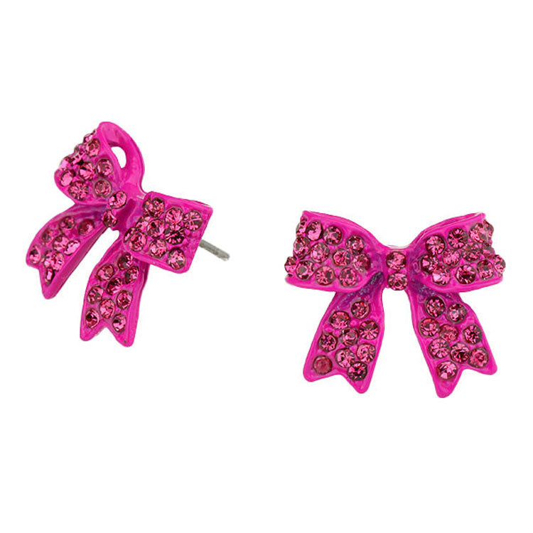 Rhodium Pink Trendy Fashionable Pave bow stud earrings. Beautifully crafted design adds a gorgeous glow to any outfit. Jewelry that fits your lifestyle! Perfect Birthday Gift, Anniversary Gift, Mother's Day Gift, Anniversary Gift, Graduation Gift, Prom Jewelry, Just Because Gift, Thank you Gift.