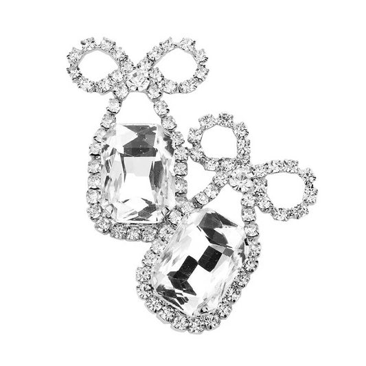Rhodium Rhinestone Bow Emerald Cut Stone Evening Earrings, elegance becomes you in these lightweight and playful, shiny glamorous studs, the perfect sparkling accessory to add some sophisticated fun to your next social event. Throw your hair up and show off how artfully these exquisite earrings sway! Suitable for wear Party, Wedding, Date Night or any special events. Perfect Birthday, Thank you Gift.